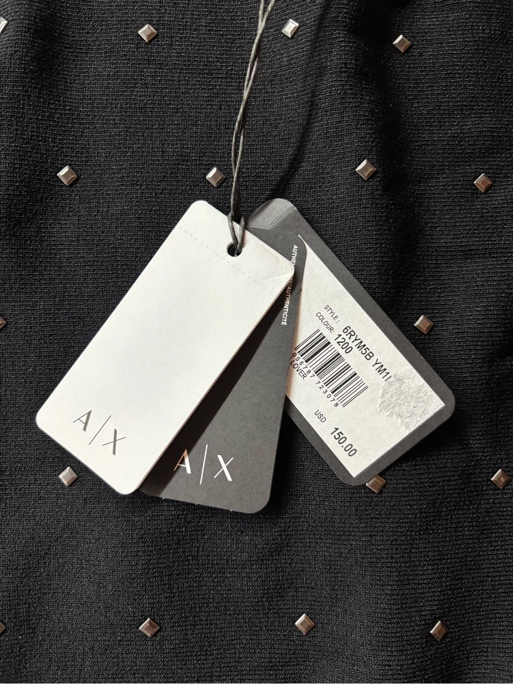 NWT A|X Armani Exchange Black Studded Knit Top - Picture 2 of 4